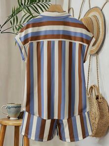 EMERY ROSE Vintage Contrast Color Striped Collared Short Sleeve Shirt & High Waist Wide Leg Shorts 2 Pieces Set, Loose Fit Versatile Casual Commuter Outfit - Multicolor - View 2
