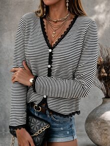 Ceyna T-shirt à manches longues col V élégant et décontracté à la française pour femmes grandes tailles, noir et blanc, pour le bureau, le brunch et les occasions formelles, automne - Noir - Voir 5