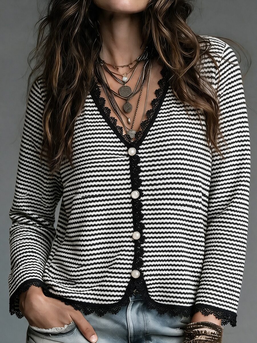 Ceyna T-shirt à manches longues col V élégant et décontracté à la française pour femmes grandes tailles, noir et blanc, pour le bureau, le brunch et les occasions formelles, automne - Noir - Voir 1