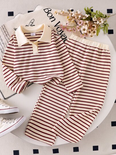 Genkimix Kids Setelan 2pcs Atasan Rajut Lengan Panjang Berkerah Garis-garis dan Celana untuk Anak Perempuan, Pakaian Kasual Anak yang Modis, Cocok untuk Awal Musim Gugur