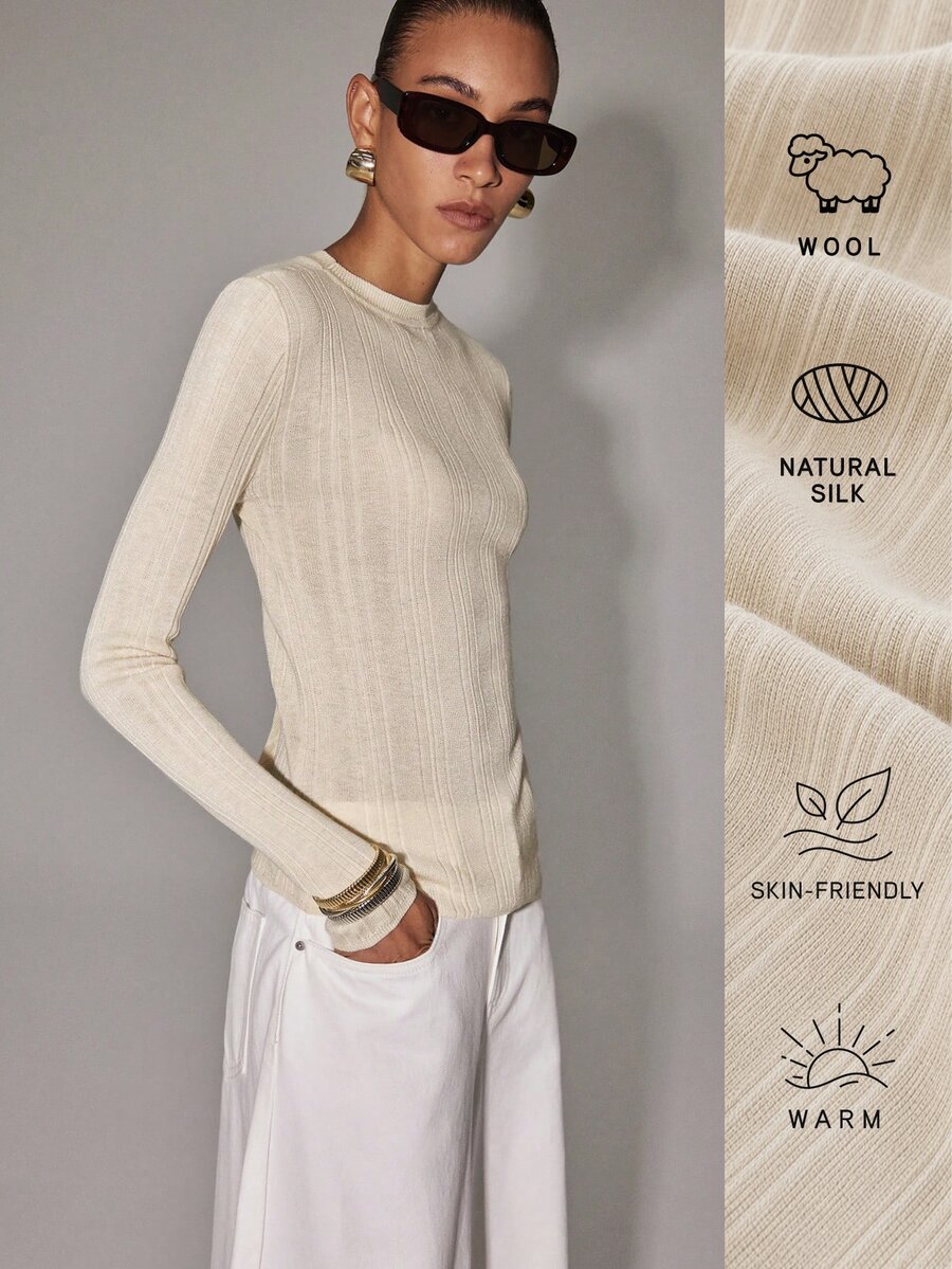 Anewsta Essential Atasan Rajut Serbaguna Lengan Panjang Bertekstur Ribbed Warna Polos Gaya Eropa, Lembut dan Nyaman di Kulit, Potongan Slim Fit - Aprikot - View 1