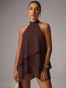 Avenya Brown And White Polka Dot Sleeveless Mini Dress With Flared Skirt Date Night Summer Ellegant - Multicolor - View 3