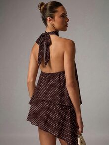 Avenya Brown And White Polka Dot Sleeveless Mini Dress With Flared Skirt Date Night Summer Ellegant - Multicolor - View 2