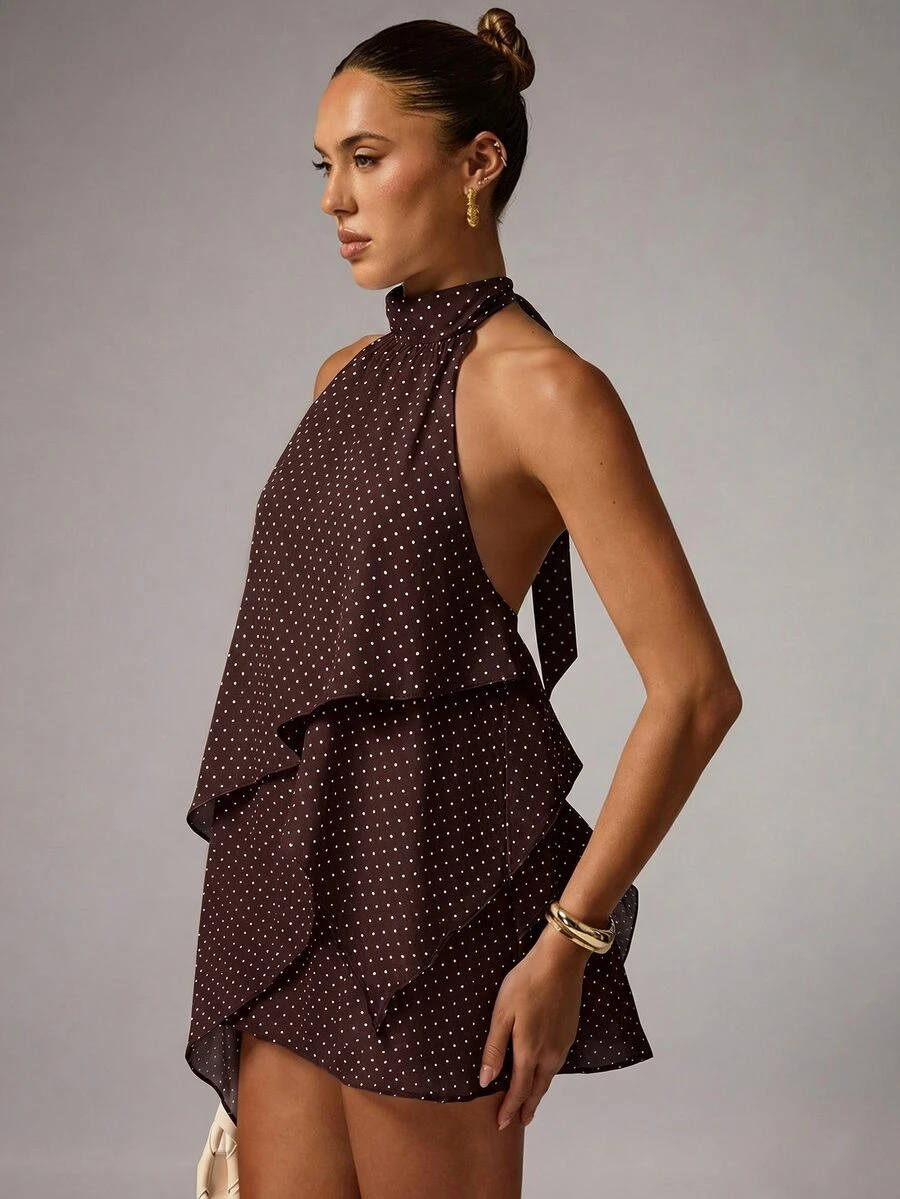 Avenya Brown And White Polka Dot Sleeveless Mini Dress With Flared Skirt Date Night Summer Ellegant - Multicolor - View 1