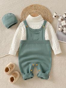 SHEIN Infant (Boy) Sweater Romper With Suspenders Light Blue Knit Crawler Jumpsuit Suitable For Newborn Babies - Dark Green - View 4