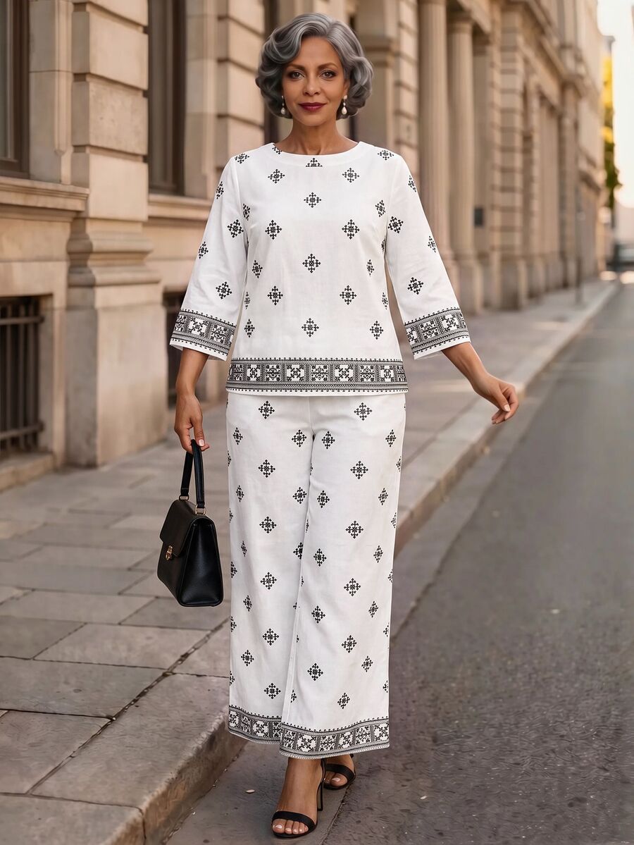 SHEIN Lady Set Kemeja dan Celana Motif Geometris untuk Wanita Paruh Baya - MultiWarna - View 1