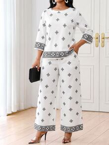 SHEIN Lady Set Kemeja dan Celana Motif Geometris untuk Wanita Paruh Baya - MultiWarna - View 4