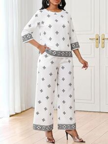 SHEIN Lady Set Kemeja dan Celana Motif Geometris untuk Wanita Paruh Baya - MultiWarna - View 5