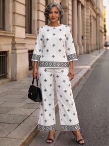 SHEIN Lady Set Kemeja dan Celana Motif Geometris untuk Wanita Paruh Baya - MultiWarna - View 2