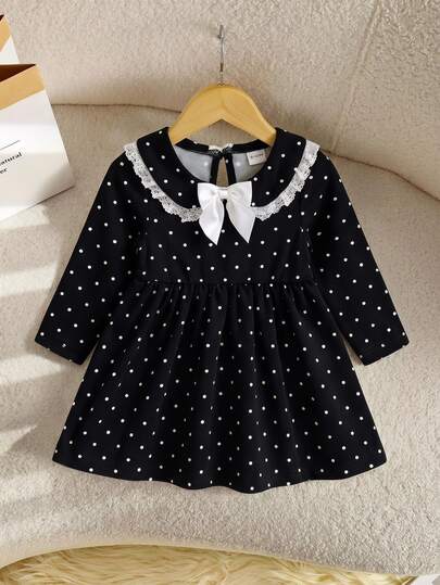 SHEIN Vestito da bambina vintage elegante minimalista stile preppy comodo in tessuto lavorato a maglia elastico con colletto Peter carino a pois neri con decorazione fiocco bianco a contrasto, adatto per primavera estate autunno, feste, fotografia, scuola, uscite e altro ancora