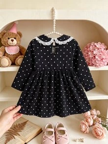 SHEIN 女嬰洋裝 復古優雅極簡學院風 針織彈性面料 可愛彼得領 黑白波點 蝴蝶結裝飾 秋季派對 - 黑色 - 查看 3