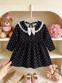 SHEIN 女嬰洋裝 復古優雅極簡學院風 針織彈性面料 可愛彼得領 黑白波點 蝴蝶結裝飾 秋季派對 - 黑色 - 查看 5