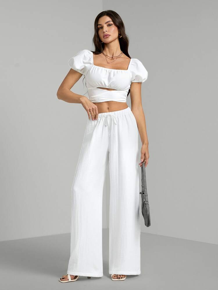 SHEIN Tall Tall Loose Drawstring Waist Trousers In Textured Crinkle Fabric, Tall Women Beach White Autumn Casual - White - View 4