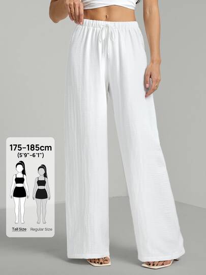 SHEIN Tall 高個女款白色紋理皺褶布料抽繩腰寬鬆長褲，秋季休閒沙灘風