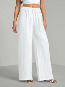 SHEIN Tall Tall Loose Drawstring Waist Trousers In Textured Crinkle Fabric, Tall Women Beach White Autumn Casual - White - View 3