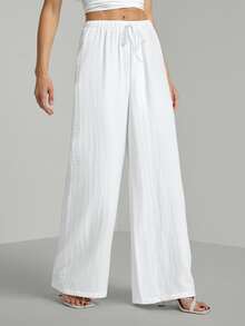 SHEIN Tall Tall Loose Drawstring Waist Trousers In Textured Crinkle Fabric, Tall Women Beach White Autumn Casual - White - View 6