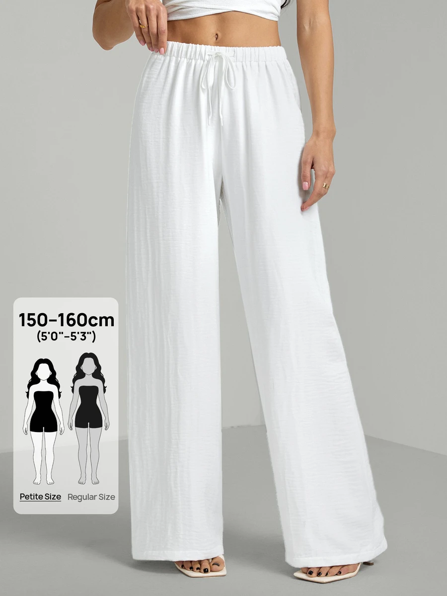 SHEIN Tall Tall Loose Drawstring Waist Trousers In Textured Crinkle Fabric, Tall Women Beach White Autumn Casual - White - View 1