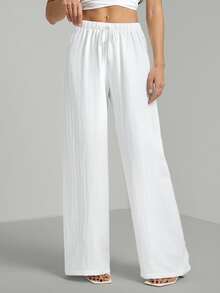 SHEIN Tall Tall Loose Drawstring Waist Trousers In Textured Crinkle Fabric, Tall Women Beach White Autumn Casual - White - View 9