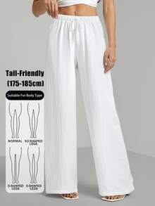 SHEIN Tall Tall Loose Drawstring Waist Trousers In Textured Crinkle Fabric, Tall Women Beach White Autumn Casual - White - View 10