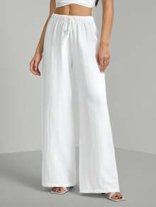 SHEIN Tall Tall Loose Drawstring Waist Trousers In Textured Crinkle Fabric, Tall Women Beach White Autumn Casual - White - View 7