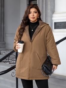 SHEIN Clasi 大尺碼女款純色長袖前開拉鍊休閒連帽冬季夾克 - 卡其色 - 查看 8
