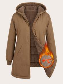 SHEIN Clasi 大尺碼女款純色長袖前開拉鍊休閒連帽冬季夾克 - 卡其色 - 查看 2