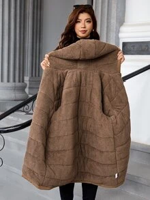 SHEIN Clasi 大尺碼女款純色長袖前開拉鍊休閒連帽冬季夾克 - 卡其色 - 查看 4