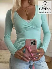 CovetEZ 女款甜美休閒性感清新百褶長袖百搭T恤，適合約會與日常穿著，秋季湖水藍 - 薄荷綠 - 查看 2