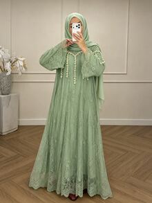 Yasmyna رداء نسائي من قماش الدانتيل مع تطريز زهري فضفاض كاجوال للاستخدام اليومي والحفلات - أخضر - مشاهدة 3