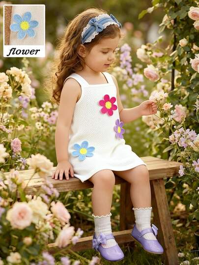SHEIN Vintaside Kids Baby Girls'white Floral Dress,Cute Summer Toddler Flower Dress For Picnic,Knitted Hollow-Out Sleeveless Slip Dress,3D Floral Crochet Party Clothes
