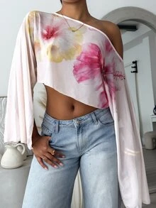 leahseptember 女士优雅露肩单斜肩印花薄纱喇叭袖沙滩度假T恤 - 彩色 - 查看 7