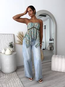 leahseptember Blus Tube Chiffon Bermotif Modis dengan Ikat Pinggang Unik dan Desain Hem Asimetris, Koleksi Terbaru Musim Panas - MultiWarna - View 5