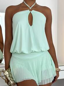 leahseptember Gaun Mini Tanpa Punggung dengan Hiasan Logam Berlapis Ganda untuk Wanita, Gaun Musim Panas untuk Wanita, Gaun untuk Wanita Musim Panas - Mint Blue - View 3