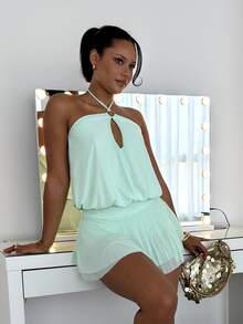 leahseptember Gaun Mini Tanpa Punggung dengan Hiasan Logam Berlapis Ganda untuk Wanita, Gaun Musim Panas untuk Wanita, Gaun untuk Wanita Musim Panas - Mint Blue - View 4
