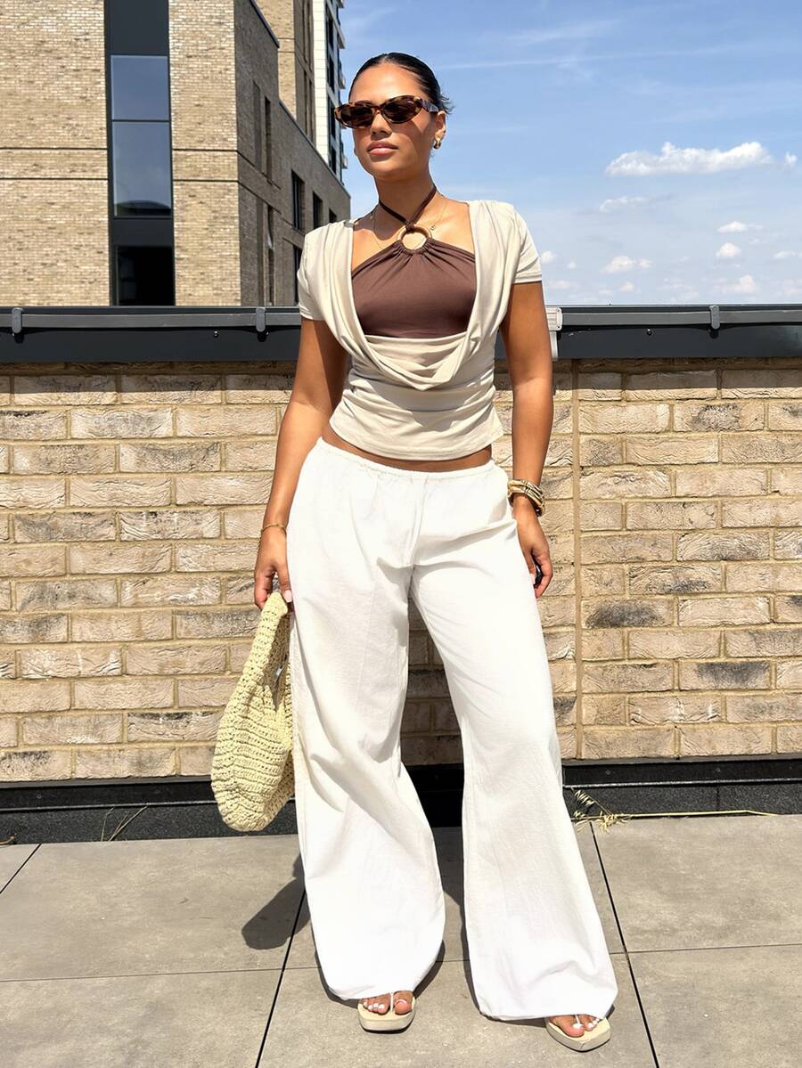 leahseptember 女士新款休闲通勤日常旅行度假俏皮圆领设计木环装饰无袖T恤，适合春、夏、秋季穿着 - 咖啡棕 - 查看 1