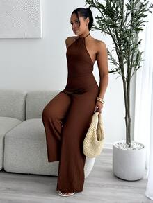 leahseptember 绿色纹理露背系带上衣和阔腿裤两件套，优雅休闲度假装 - 咖啡棕 - 查看 4
