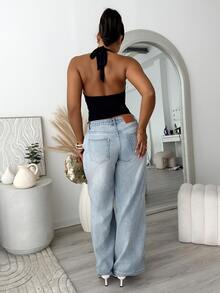 leahseptember 女款時尚黑色夏季掛脖式束胸上衣，露背短版緊身 Bustier，網眼針織網布，夜店穿搭、電音派對、休閒上衣 - 黑色 - 查看 2