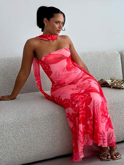 leahseptember Women's Casual Elegant Printed Maxi Dress,Pink And Red Summer Flowy Vacation Holiday Resort Wear,Gorgeous Island Beachwear Charming Red Dress