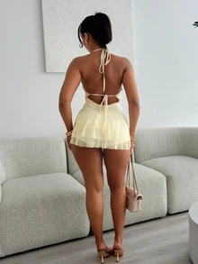 leahseptember 奶油黄性感露背吊带系带海星流苏不对称下摆迷你连衣裙，适合海滩、度假、约会、婚礼、音乐节等场合，波西米亚风，可内穿或外穿，四季皆宜。 - 黃色 - 查看 3
