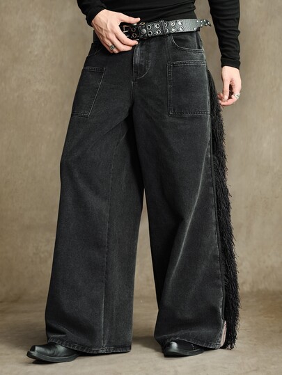 Street Life Jeans de mezclilla holgados para hombre con bolsillos con botones y flecos