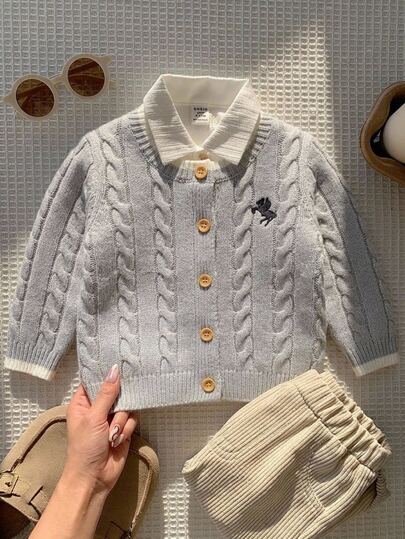 SHEIN 1pc Baby Boy Grey Cable Knit Cardigan, Soft Knit Sweater, Round Neck Single-Breasted With Small Horse Embroidery, Versatile Casual Long Sleeve Open Front Top For Spring And Autumn, Daily Wear, Travel And Outings