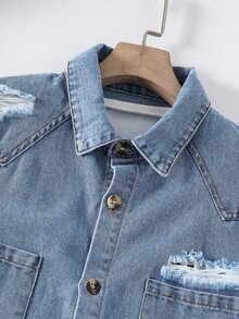 Mirajuku 男童牛仔短袖衬衫，适合大孩子的休闲夏季轻便衬衫 - 藍色 - 查看 7