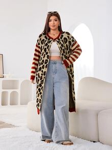 Solflare Plus Size Striped And Leopard Pattern Drop Shoulder Longline Cardigan Winter - Multicolor - View 4