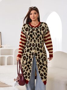 Solflare Plus Size Striped And Leopard Pattern Drop Shoulder Longline Cardigan Winter - Multicolor - View 5