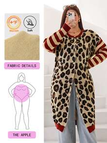 Solflare Plus Size Striped And Leopard Pattern Drop Shoulder Longline Cardigan Winter - Multicolor - View 1