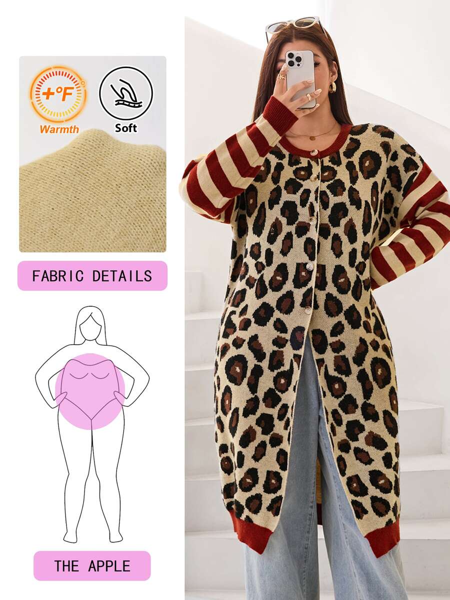 Solflare Plus Size Striped And Leopard Pattern Drop Shoulder Longline Cardigan Winter - Multicolor - View 1