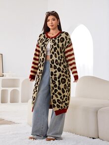 Solflare Plus Size Striped And Leopard Pattern Drop Shoulder Longline Cardigan Winter - Multicolor - View 3
