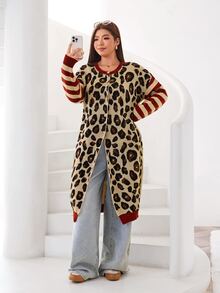 Solflare Plus Size Striped And Leopard Pattern Drop Shoulder Longline Cardigan Winter - Multicolor - View 6