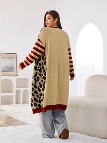 Solflare Plus Size Striped And Leopard Pattern Drop Shoulder Longline Cardigan Winter - Multicolor - View 2