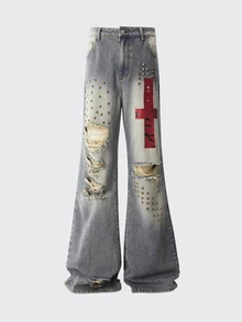 ROMWE MEN Men's Casual Daily Travel Flare Jeans With Pocket, Button And Distressed Design - Bronze - View 8
